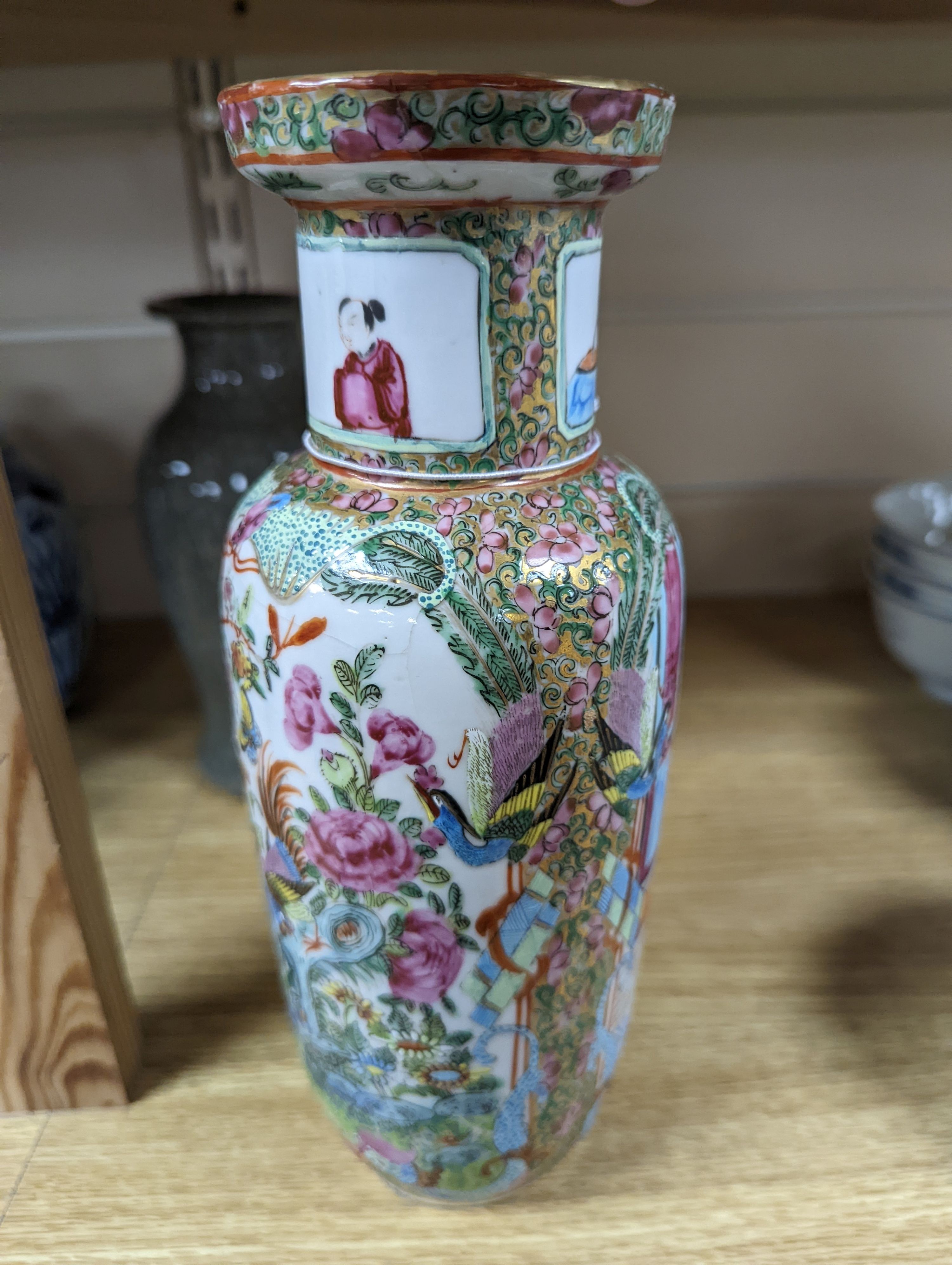 Two Chinese famille rose vases and a Celadon crackle glazed vase, 19th-century and later, tallest 25 cm